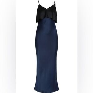 DVF DIANE VON FURSTENBERG Popover Hammered Satin Black Navy Blue Maxi Dress